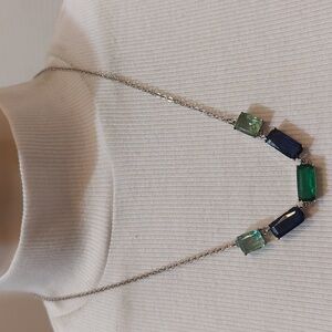 Blue and Green Glass Crystals Dainty Silver Tone Necklace